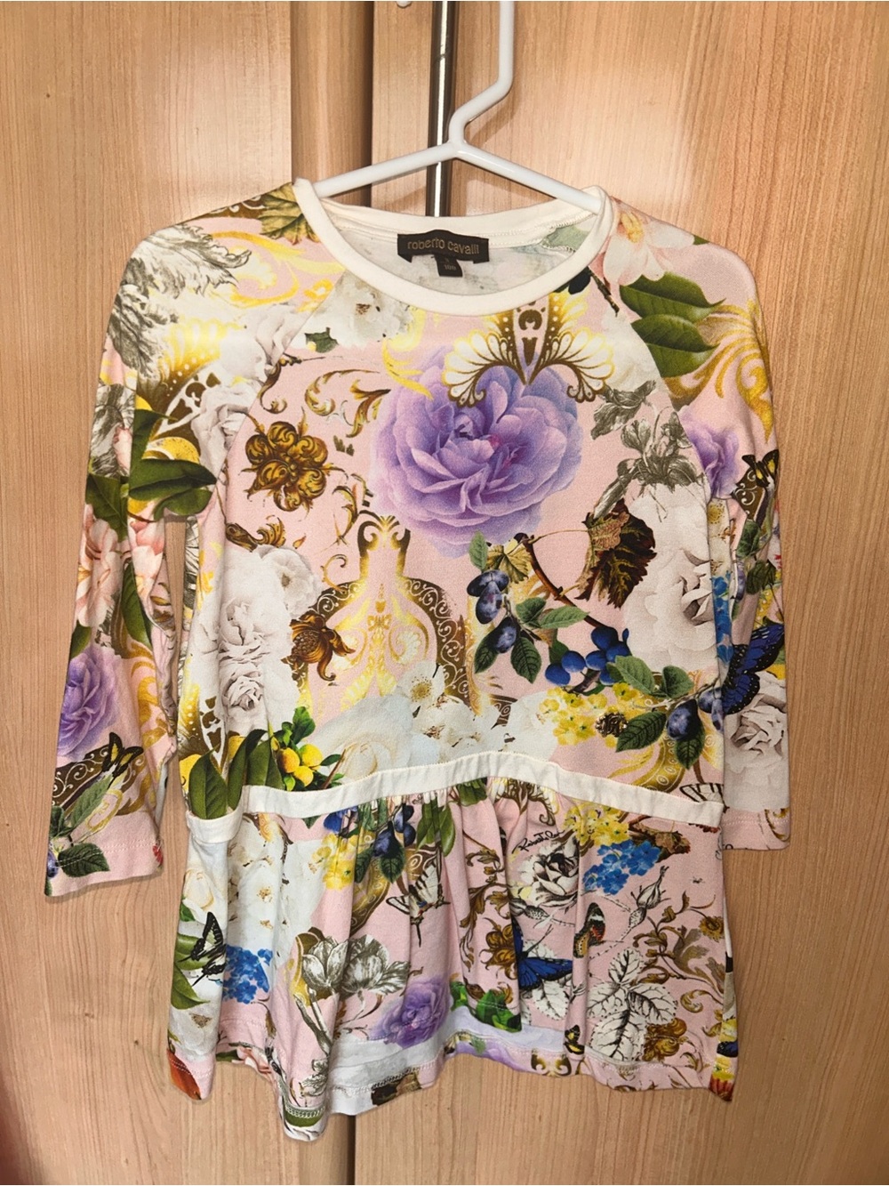 Roberto Cavalli Girls' Pink Floral & Botanical Print Peplum Top